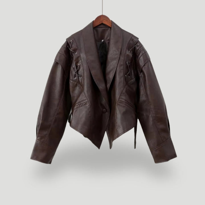 Drune | Lederjacke Wickeldesign Taillengürtel Strukturierte Schultern Schnürdetails