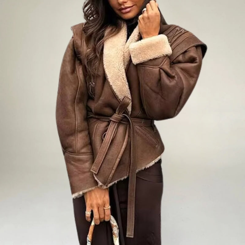 Drune | Lederjacke Wickeldesign Taillengürtel Strukturierte Schultern Schnürdetails