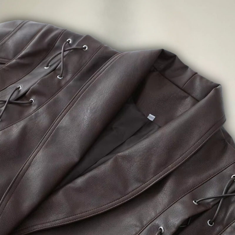 Drune | Lederjacke Wickeldesign Taillengürtel Strukturierte Schultern Schnürdetails