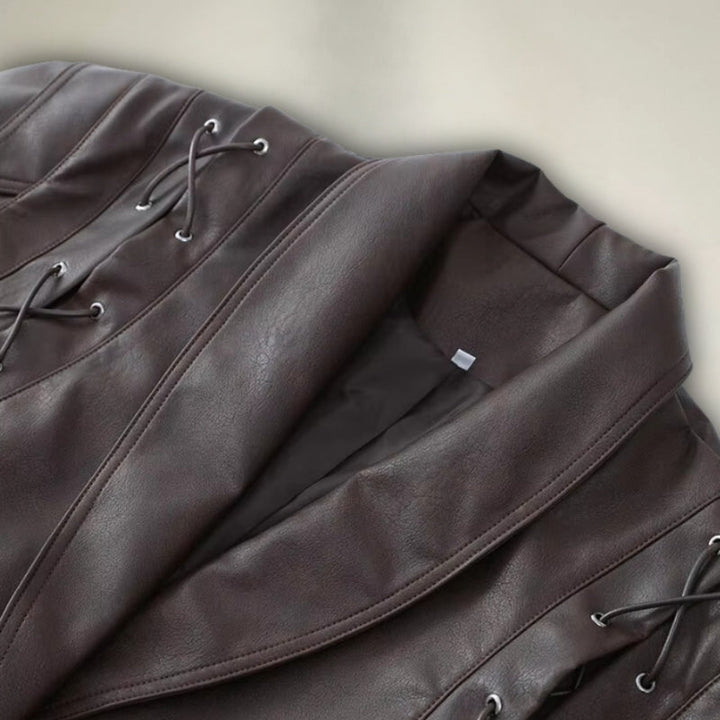 Drune | Lederjacke Wickeldesign Taillengürtel Strukturierte Schultern Schnürdetails
