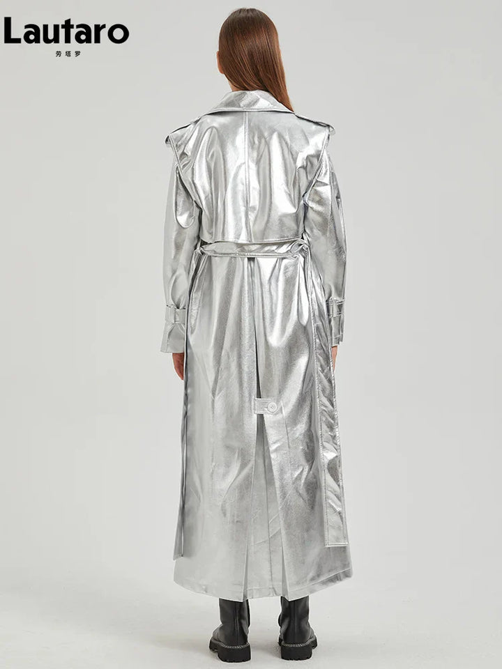Drune | Lautaro Herbst Extra Lange Gold Glänzend Patent Pu Leder Trenchcoat für Frauen Einfache Schnalle Luxus Designer Übermantel