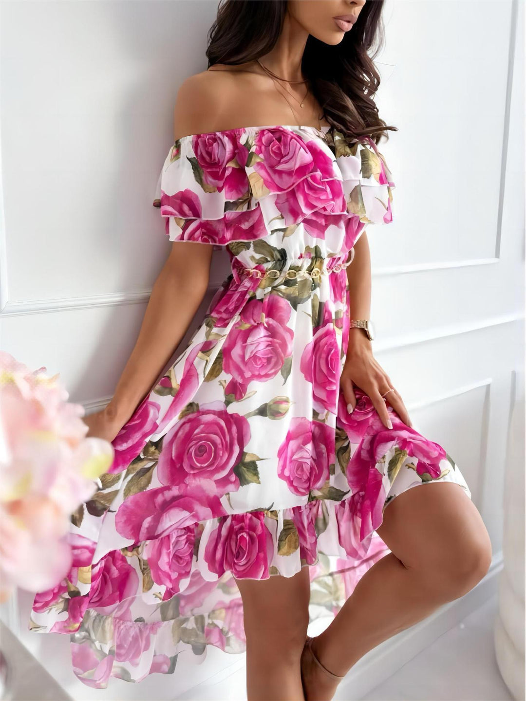 Drune - Schulterfreies Kleid mit Blumendesign