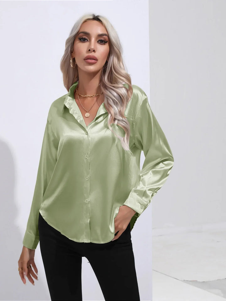 Drune | Elegante Satinbluse Mit V-ausschnitt & Langen Ärmeln
