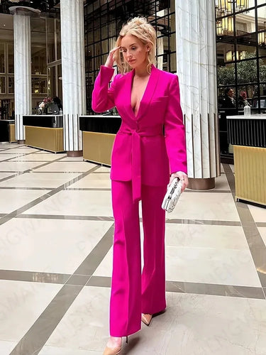 Drune | Damen Freizeit Blazer Schicke Oberbekleidung Elegante Schlaghosen Langarm V-ausschnitt Gürtel Büro Pendler Anzug Satz