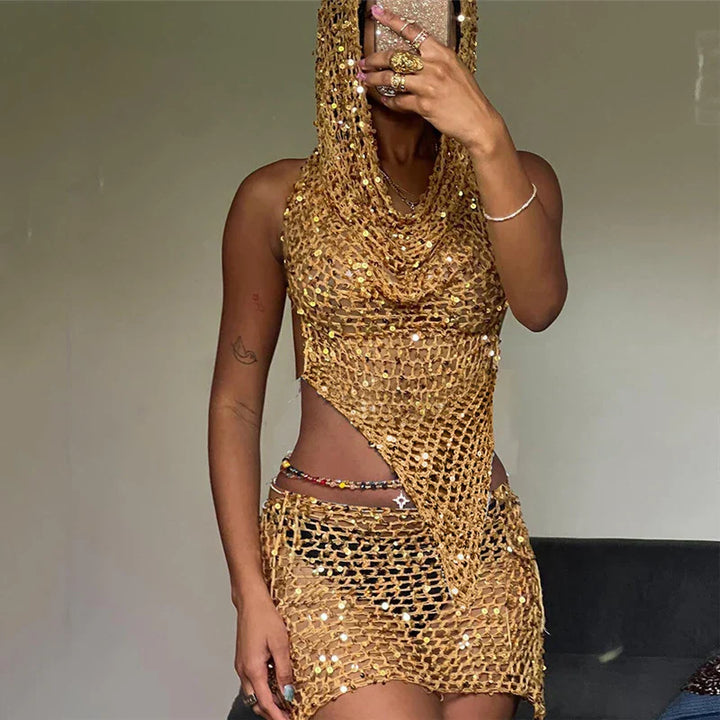 Drune | Strick Pailletten Kapuzen Cropped Top und Minirock Satz