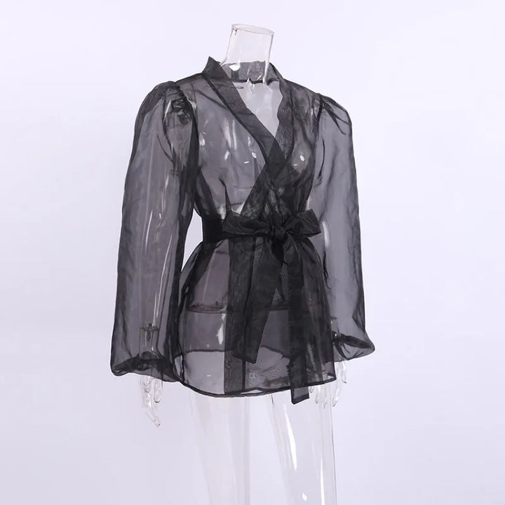 Drune | Durchsichtige Organza-Bluse mit Bindegürtel
