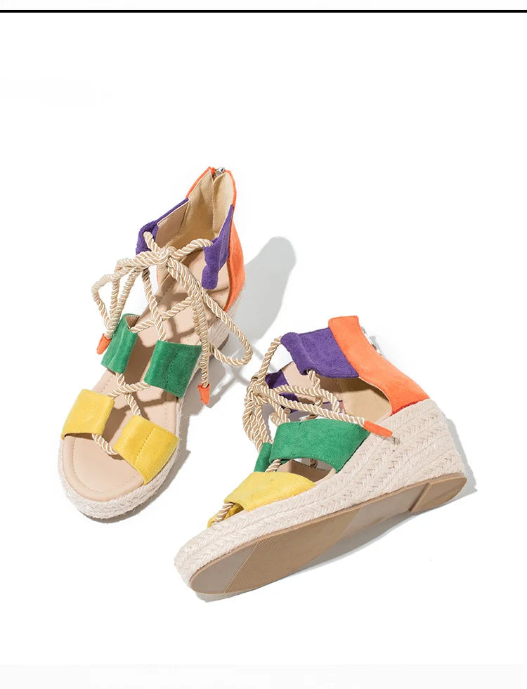 Drune | Sommer Damen Sandalen, Hanfseil Riemen Sandalen, Große Sandalen mit Dickem Absatz