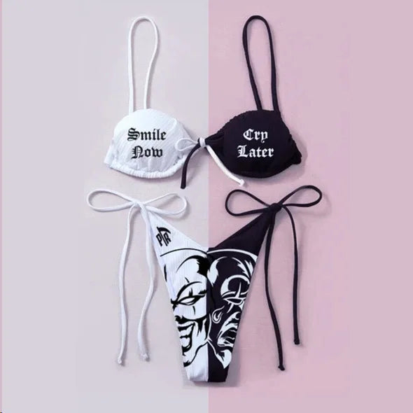 Drune | Sexy Goth Bikini Frauen Buchstaben Totenkopf Druck Badeanzug Split Badeanzug Hohe Taille Gotische Bikini Set Strandoutfits