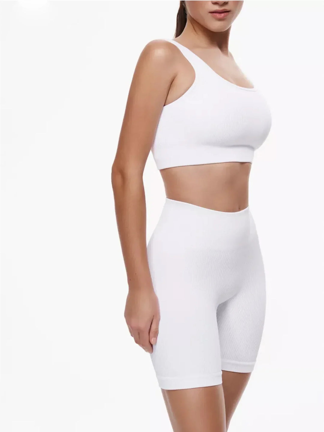 Drune | Sommer Weiße Training Kleidung Gerippt Sport Shorts Set Fitness Set Sport Kleidung Damen Yoga Set Nahtlose Hohe Taille Shorts Outfit