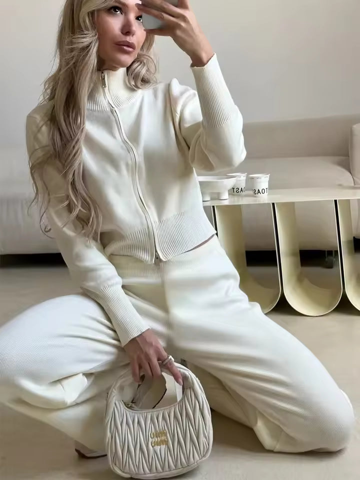 Drune | Damen 2 Teiliges Loungewear Satz mit Reißverschlussjacke und Weitem Hosen