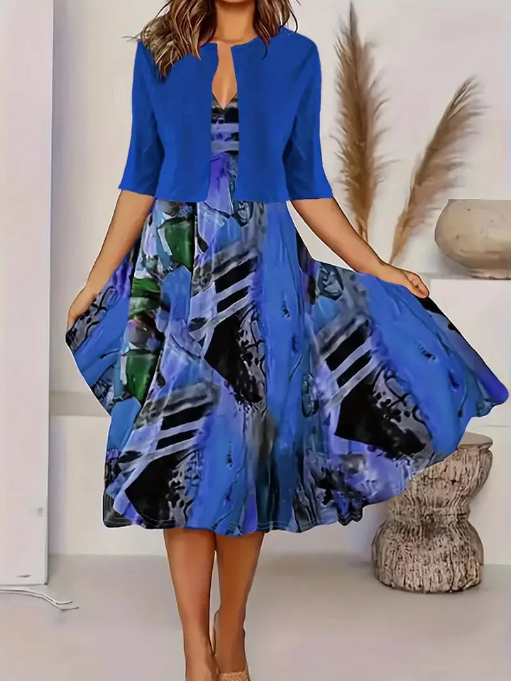 Drune | Neu für Den Sommer! Eu Us Herbst Frau 2 Lang Kleid Set Blumen und Graspunkt Crew Neck Kleid mit Chiffon Kurzjacke