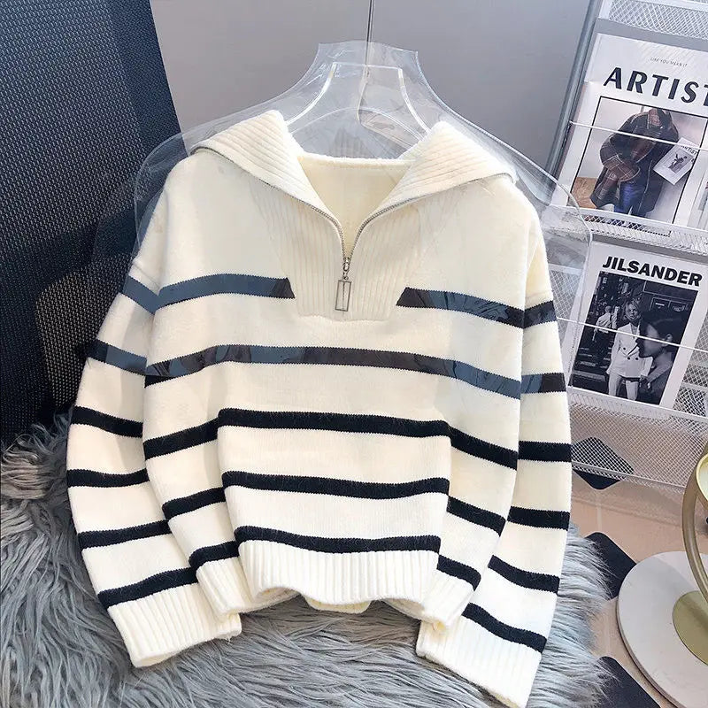 Drune | Strickpullover - Halb Reißverschluss - Weich und Warm - Gestreiftes Design - Gerippte Kanten