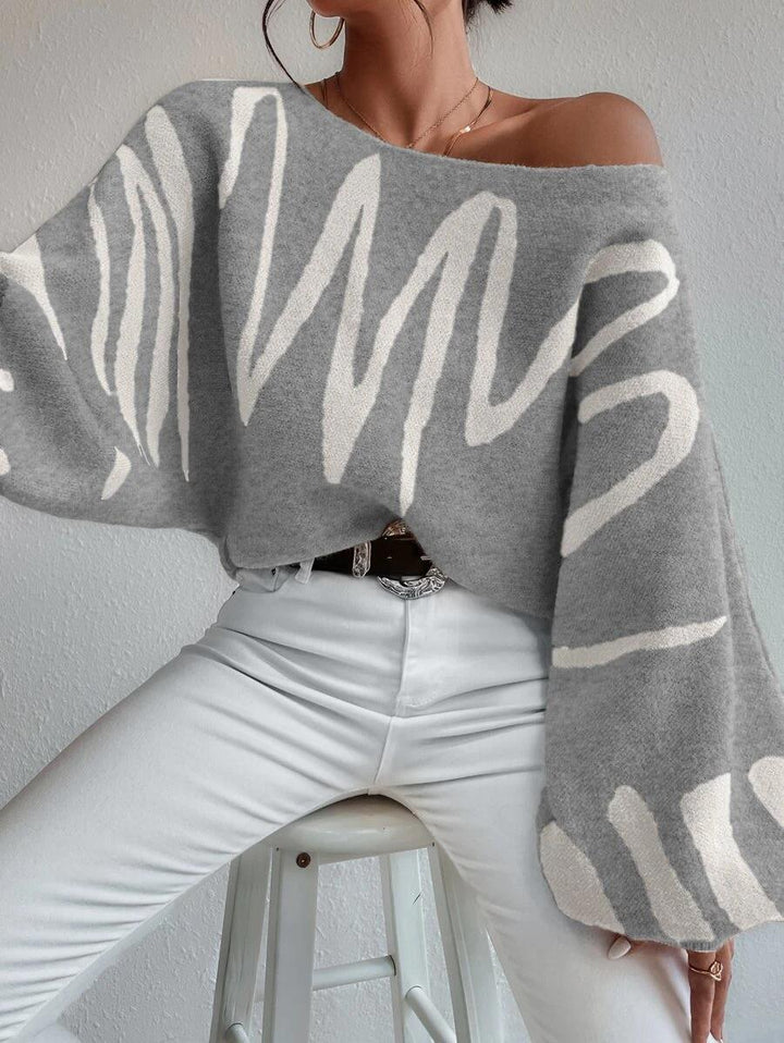 Drune Pullover | Hellgrauer schulterfreier Oversized-Pullover mit Puffärmeln