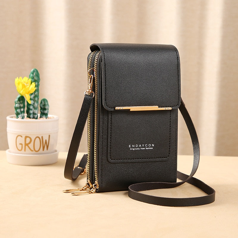 Drune | Leder Smartphone Clutch Damen Handtasche mit Touchscreen-Fenster
