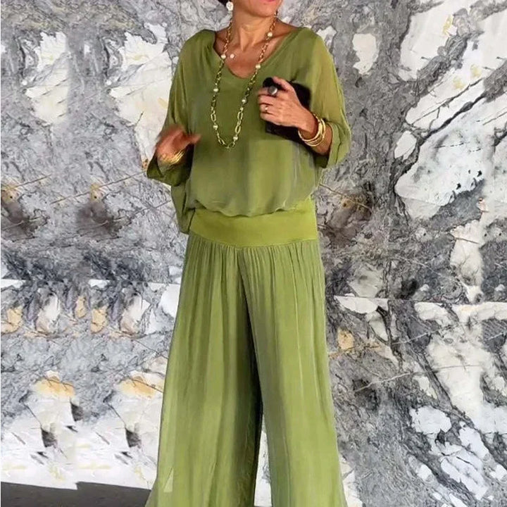 Drune | Elegantes Zweiteiliges Set Aus Chiffonoberteil Und Hose Mit Weitem Bein
