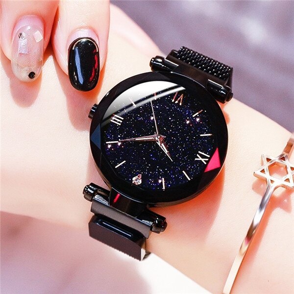 Drune Leuchtende Sternenhimmel: Damenmode Sternenhimmel Uhren Magnetische Schnalle Mesh Armband Diamant Quarzuhr Damen Kleideruhr
