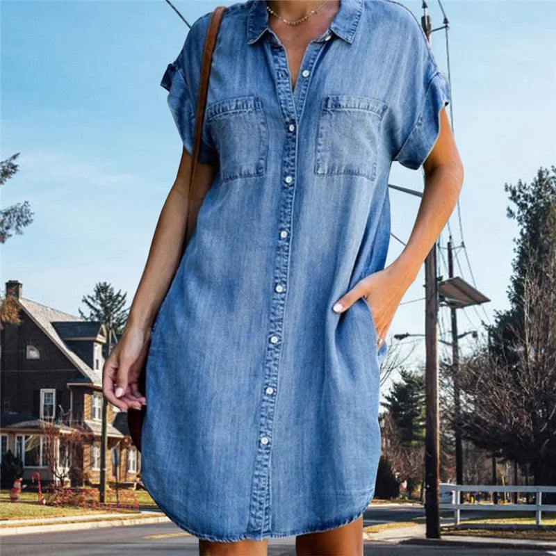 Drune | Lässiges Kurzärmeliges Mini Sommerkleid Aus Denim Für Damen Mit Knöpfen