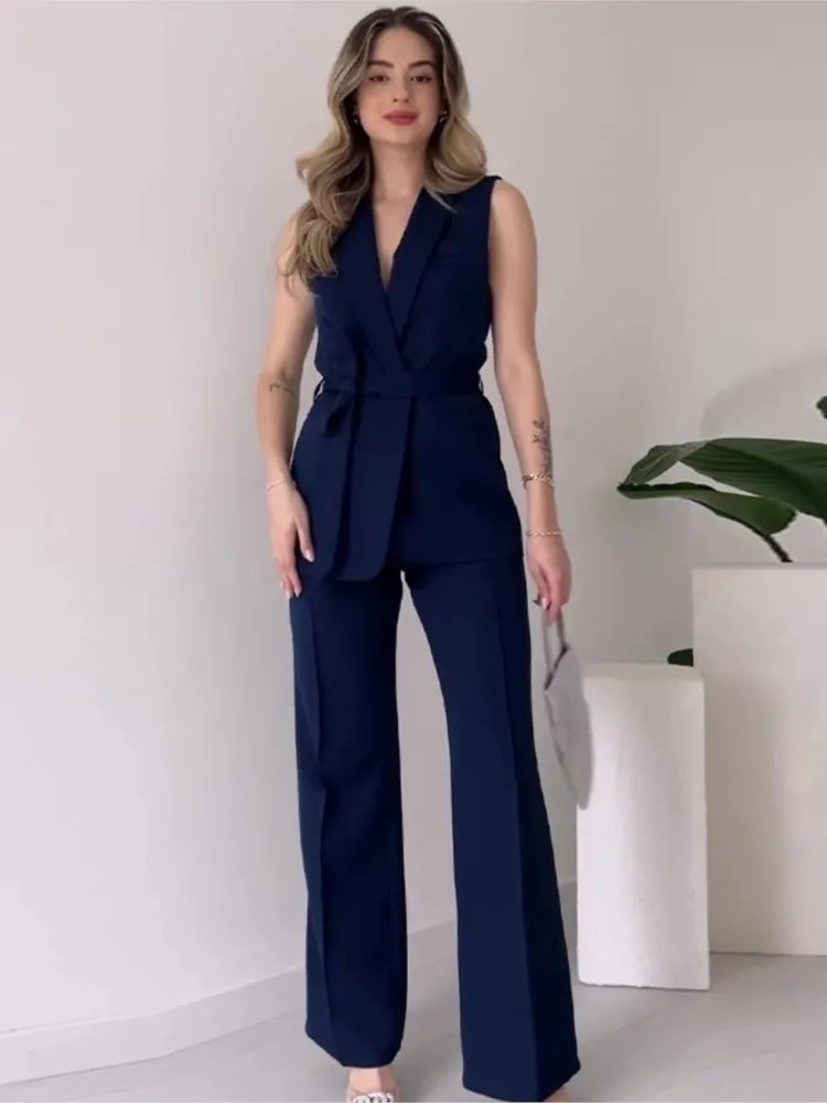 Drune | Ärmelloser Blazer-Anzug Taillierte Passform Wickel-V-Ausschnitt Weite Hose