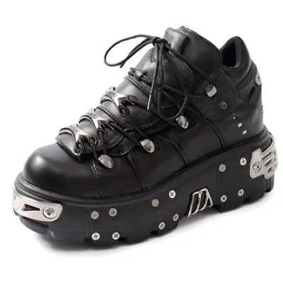 Drune | Frauen Ankle Boots für Frauen Dicke Sohle Schnürsenkel Metall Dekoration Runde Zehen Plattform Schuhe Ladeis Punk Gothic Sneakers