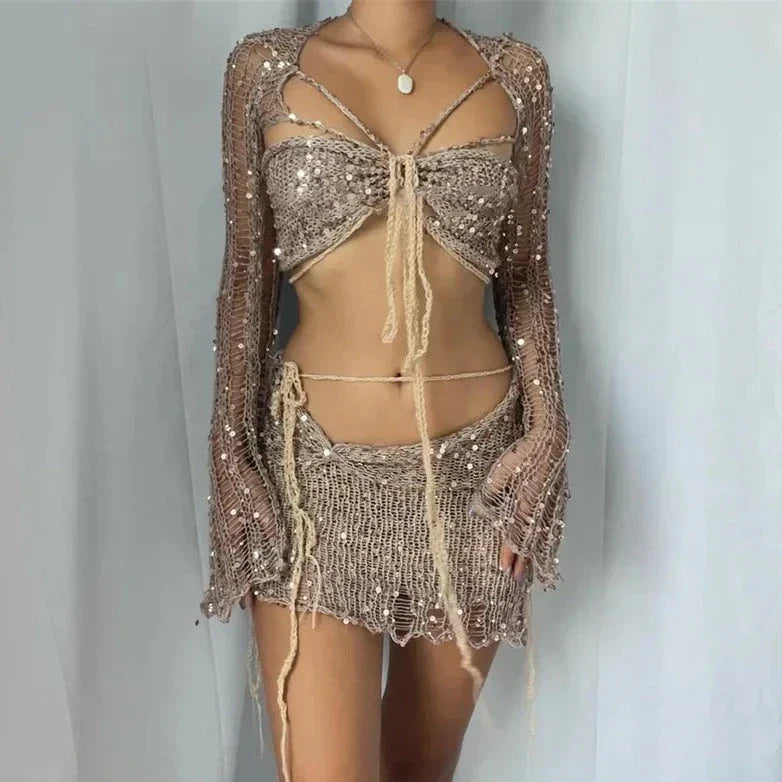 Drune | Paillettengehäkelter Langärmliger Croptop und Minibodyconrock Zweiteiliges Satz