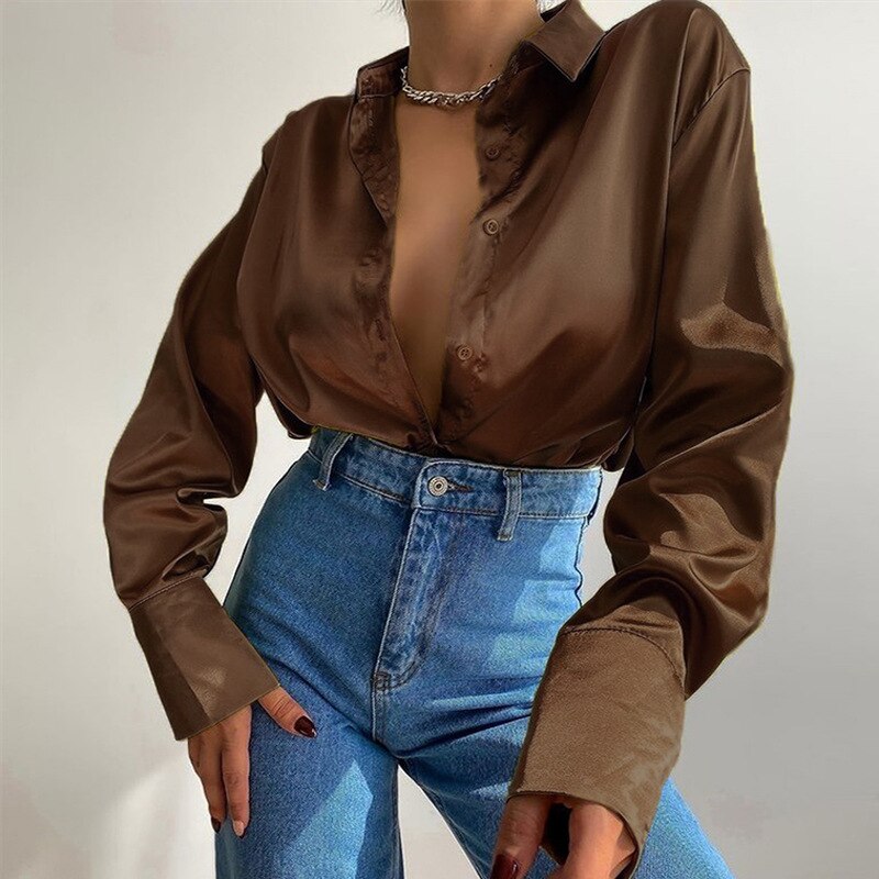 Drune | Satinierte Bluse Mit Polo Kragen Seidenbluse Fürs Büro Weinlese Design Mit Lockerer Knopf Elegante Mode