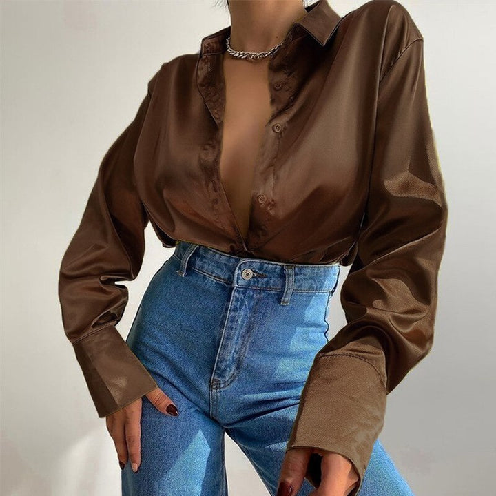 Drune | Satinierte Bluse Mit Polo Kragen Seidenbluse Fürs Büro Weinlese Design Mit Lockerer Knopf Elegante Mode