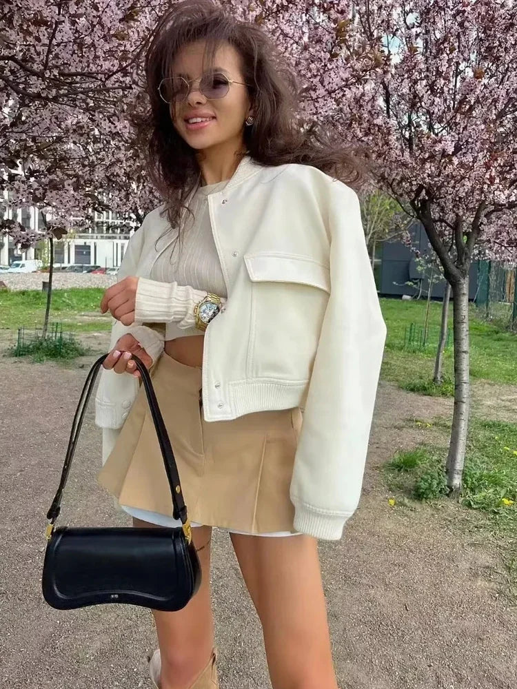 Drune | Cropped Baseballkragen Bomberjacke mit Druckknöpfen