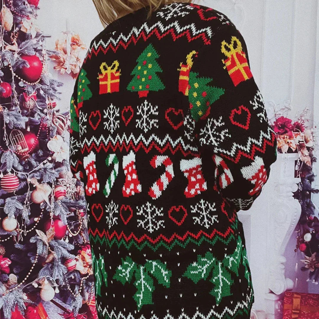 Drune | Strickjacke - Strick - Knopfverschluss - Festliches Design mit Weihnachtsmuster - V-Ausschnitt