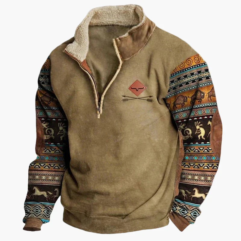 Drune | Western Style Pullover mit Azteken-Muster und Longhorn-Motiv - Bequemer Freizeit-Sweater für Outdoor & Alltag