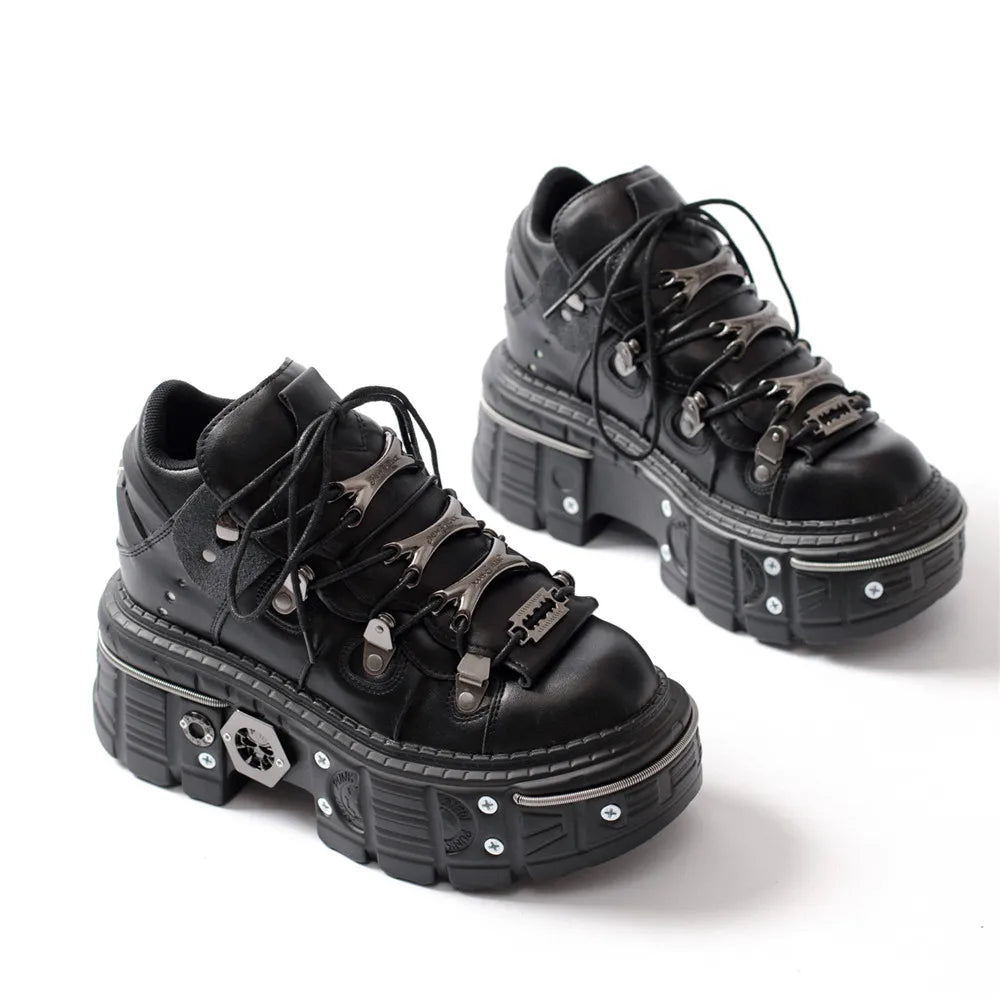 Drune | Fashion Frauen Ankle Boots Damen Dünne Absätze Runde Spitze Schnürsenkel Metall Dekoration Sneakers Fräulein Nieten Punk Gothic Rock Schuhe