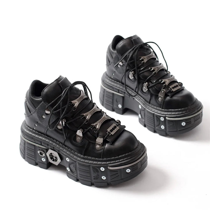 Drune | Fashion Frauen Ankle Boots Damen Dünne Absätze Runde Spitze Schnürsenkel Metall Dekoration Sneakers Fräulein Nieten Punk Gothic Rock Schuhe