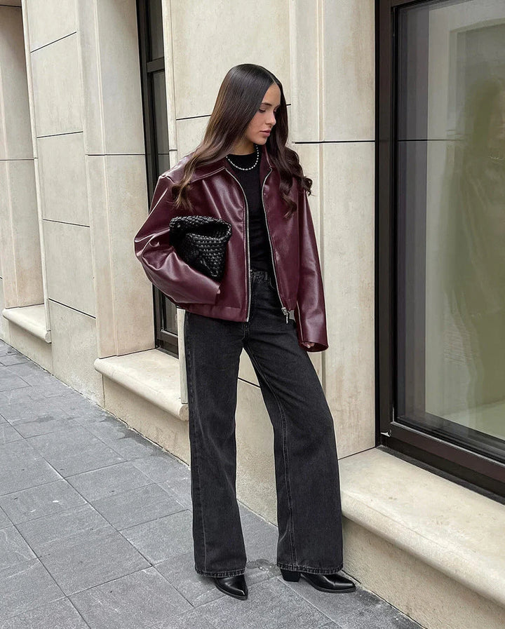 Drune | Damen Rote Lederjacke Weinlese Lederjacke Mit Reißverschluss Für Frauen