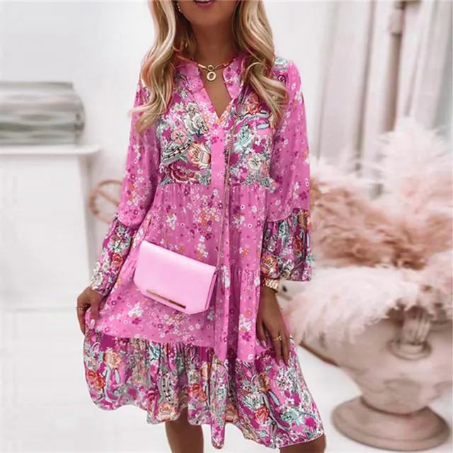 Drune | Bohème Blumen Kleid mit langen Ärmeln für Damen