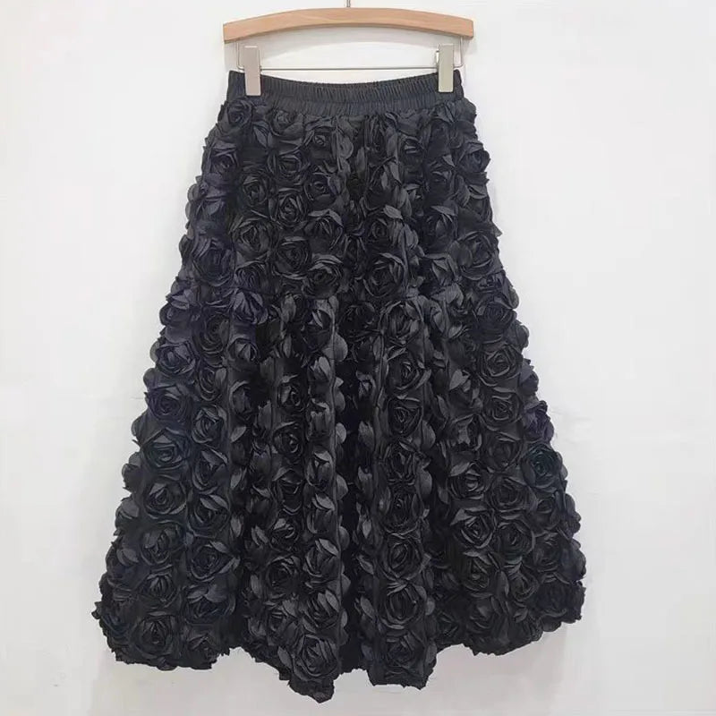 Drune | Herbst Neu Vielseitig Drei Dimensional Blumen Mittlere Falten Rock Hohe Taille Große Schwung Mode A-Linie Röcke Frauen