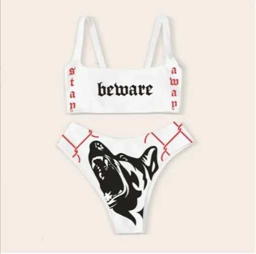 Drune | Sexy Goth Bikini Frauen Buchstaben Totenkopf Druck Badeanzug Split Badeanzug Hohe Taille Gotische Bikini Set Strandoutfits