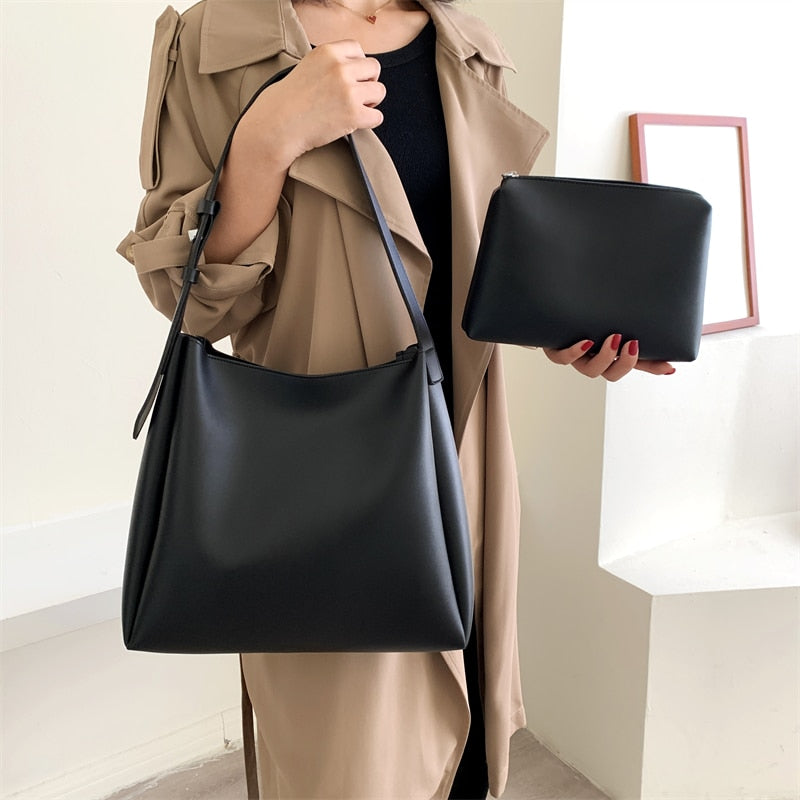 Drune Hochwertige Damen Shopper Große Kapazität Schultertasche Reine Farbe Breiter Riemen Weiches PU-Leder