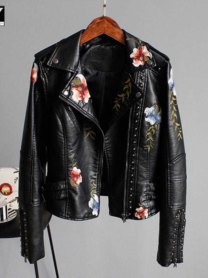 Drune | Damenlederjacke mit Eleganten und Schicken Bestickten Blumen