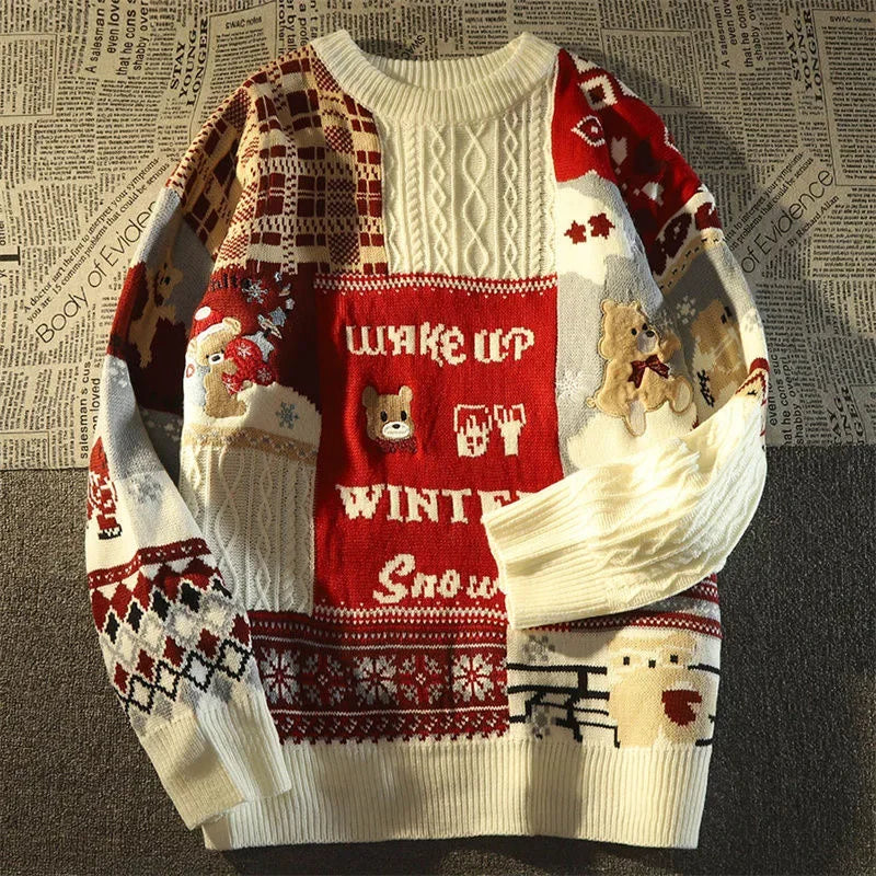 Drune -Hässlicher Weihnachtspulli - Lockerer Retro-Pullover mit V-Ausschnitt und Farbblock-Design