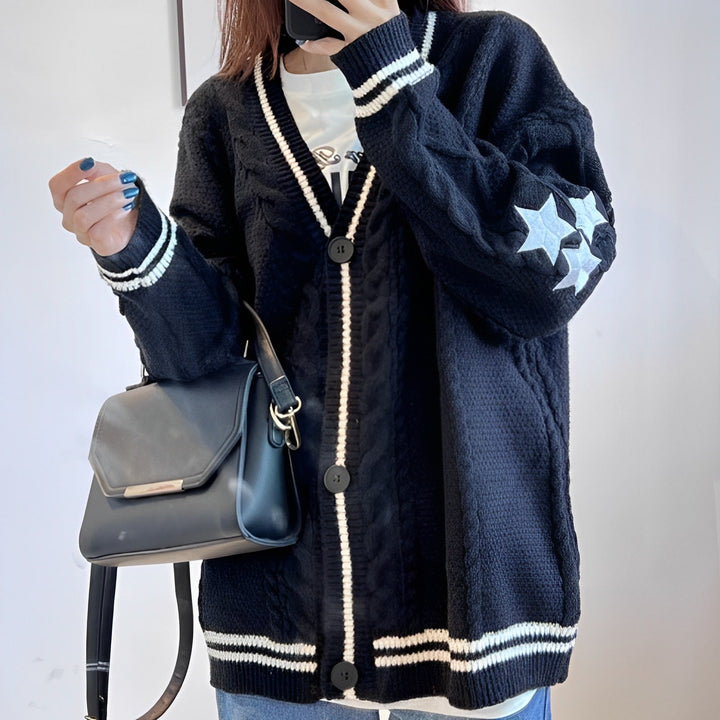 Drune Kuschelige Karamell-Strickjacke | Damen Herbstmode mit Sternenstickerei