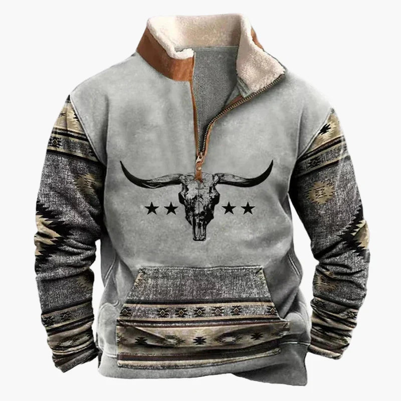 Drune | Western Style Pullover mit Azteken-Muster und Longhorn-Motiv - Bequemer Freizeit-Sweater für Outdoor & Alltag