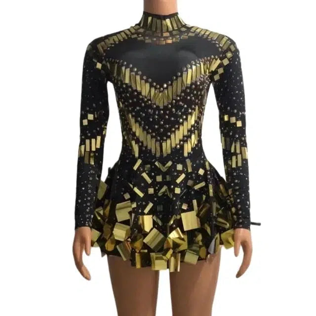 Drune | Spiegel Party Kleid Schwarz Stretch Bühnen Tanzkleid