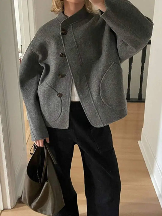Drune | Stehkragen Knopfverschluss Mantel Fronttaschen Kurze Jacke