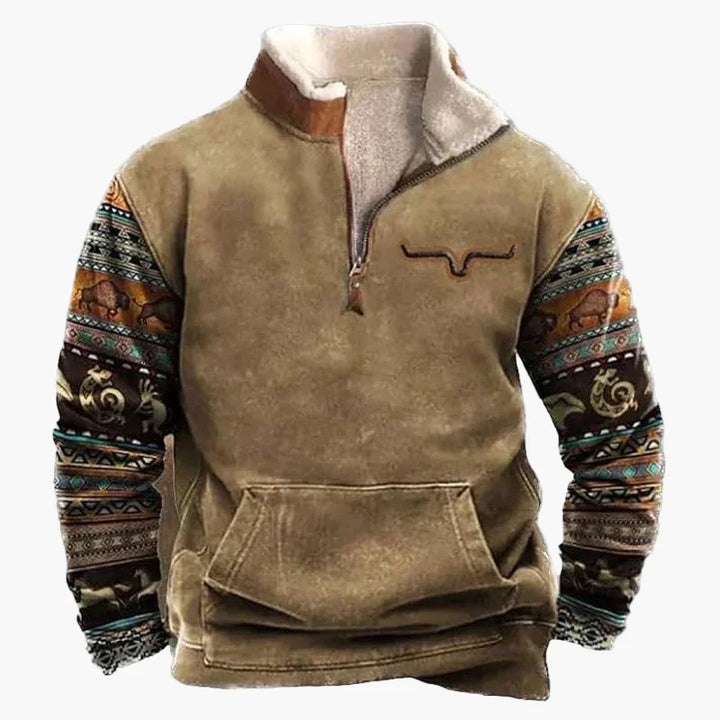 Drune | Vintage Western Half-Zip Pullover mit Ethno-Muster für Outdoor und Freizeit