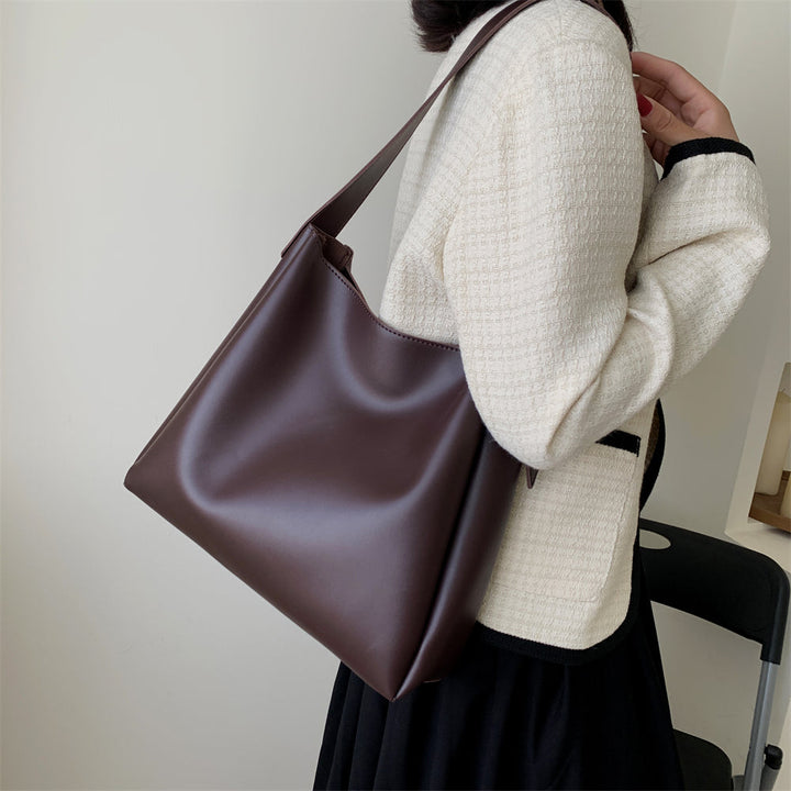 Drune Hochwertige Damen Shopper Große Kapazität Schultertasche Reine Farbe Breiter Riemen Weiches PU-Leder
