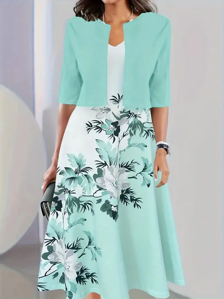 Drune | Neu für Den Sommer! Eu Us Herbst Frau 2 Lang Kleid Set Blumen und Graspunkt Crew Neck Kleid mit Chiffon Kurzjacke