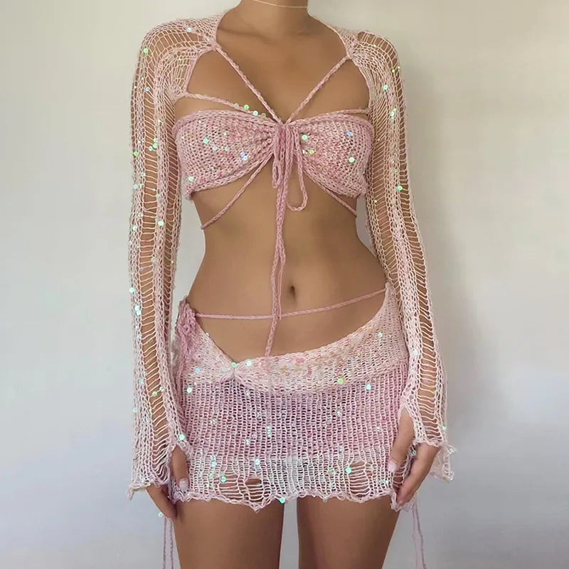 Drune | Paillettengehäkelter Langärmliger Croptop und Minibodyconrock Zweiteiliges Satz