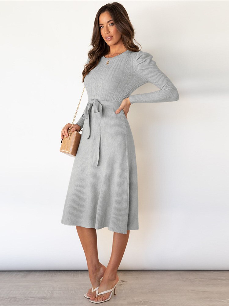 Drune | Elegantes Gestricktes Midi Kleid Mit Gürtel Für Damen