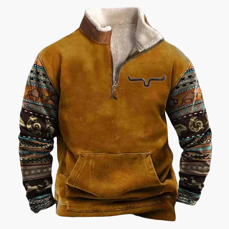 Drune | Western Style Pullover mit Azteken-Muster und Longhorn-Motiv - Bequemer Freizeit-Sweater für Outdoor & Alltag