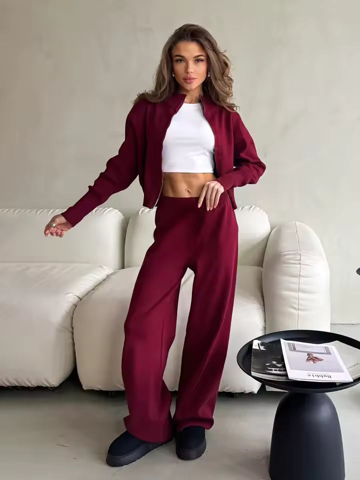 Drune | Damen 2 Teiliges Loungewear Satz mit Reißverschlussjacke und Weitem Hosen