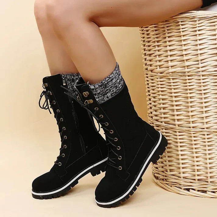 Drune |  Damen-Winterstiefel mit Schnürung & Reißverschluss - Warme Stiefeletten mit Strickbund & Profilsohle
